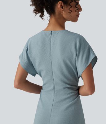 Robe de travail maxi, coupe trapèze (A-line), à encolure en V, manches courtes, fermeture éclair invisible et fronces