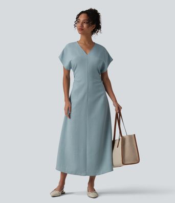 Robe de travail maxi, coupe trapèze (A-line), à encolure en V, manches courtes, fermeture éclair invisible et fronces