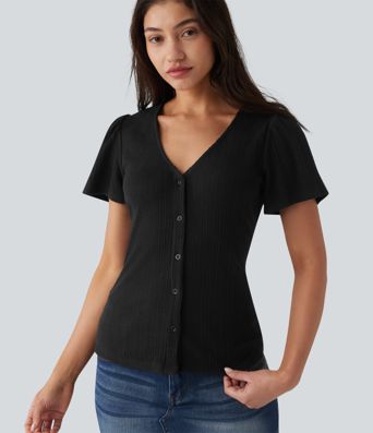 V Neck Short Sleeve Casual Top