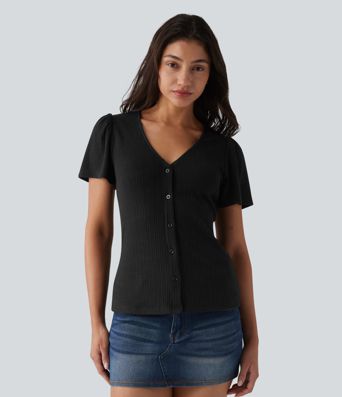 V Neck Short Sleeve Casual Top