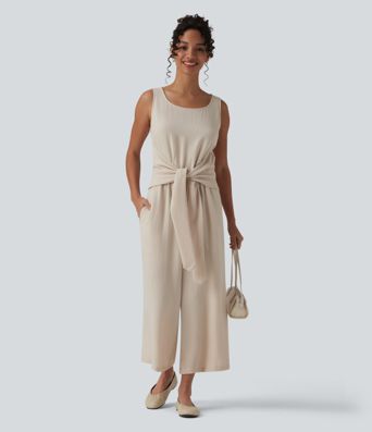 Scoop Neck Sleeveless Tie-front Casual Linen-Feel Jumpsuit with Pockets-Easy Peezy