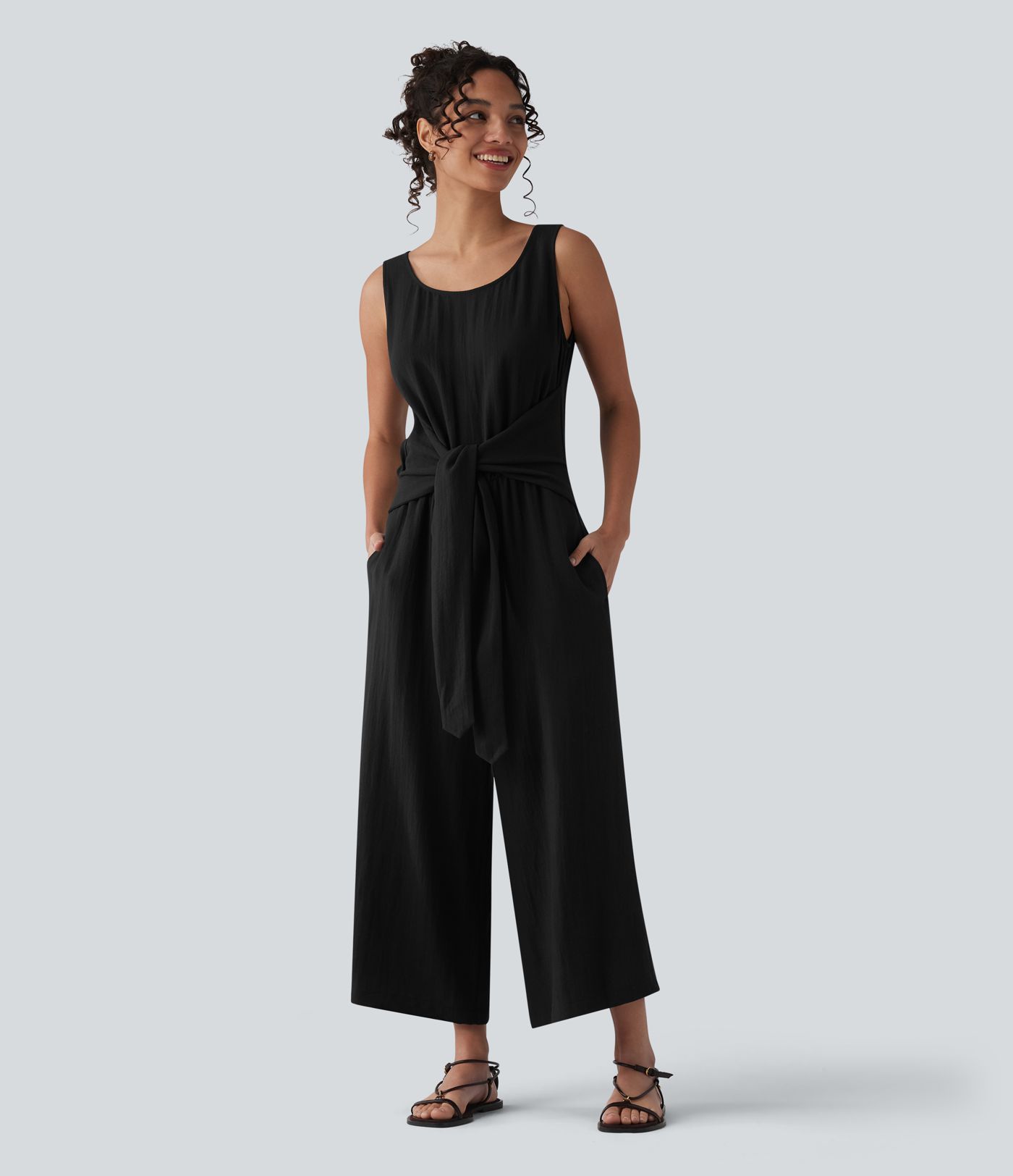 Scoop Neck Sleeveless Tie-front Casual Linen-Feel Jumpsuit with Pockets-Easy Peezy