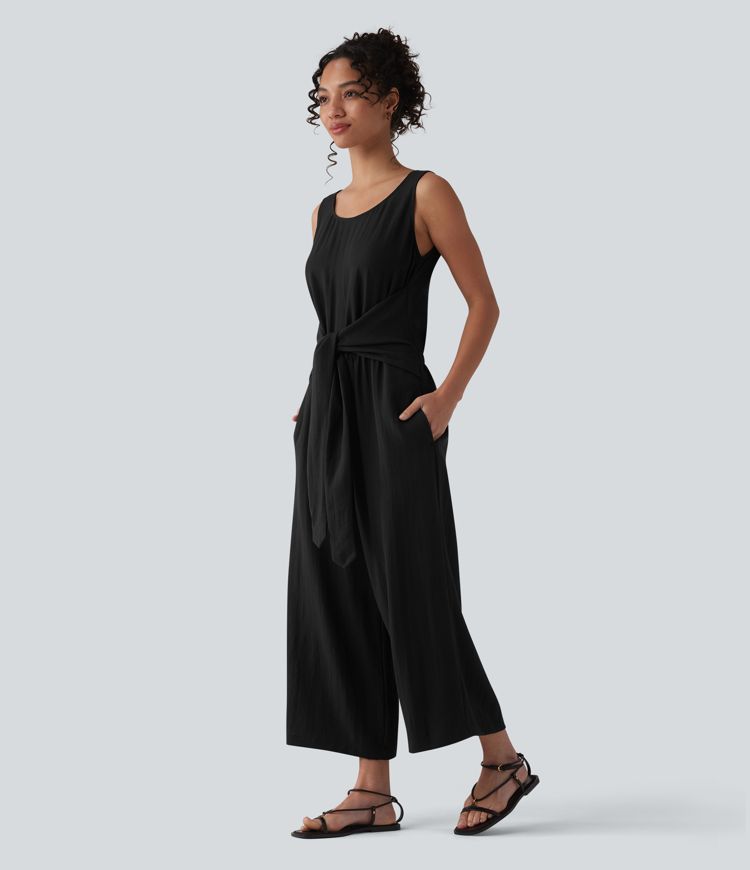 Scoop Neck Sleeveless Tie-front Casual Linen-Feel Jumpsuit with Pockets-Easy Peezy