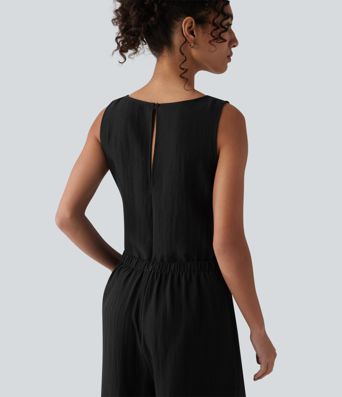 Scoop Neck Sleeveless Tie-front Casual Linen-Feel Jumpsuit with Pockets-Easy Peezy