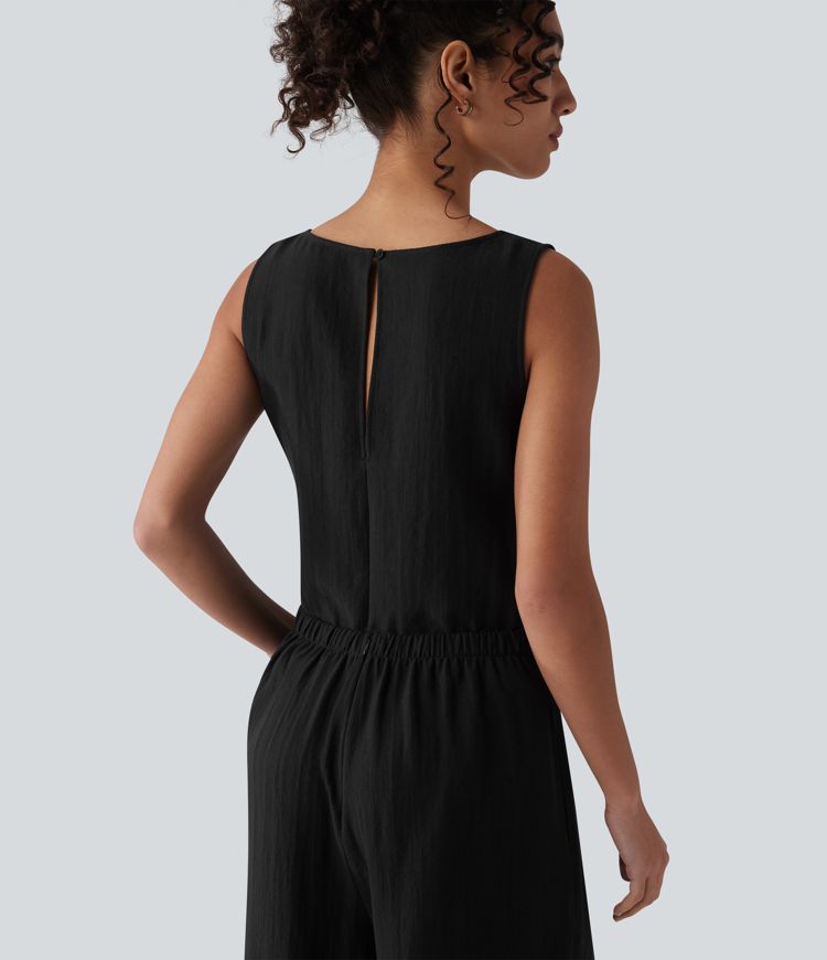Scoop Neck Sleeveless Tie-front Casual Linen-Feel Jumpsuit with Pockets-Easy Peezy