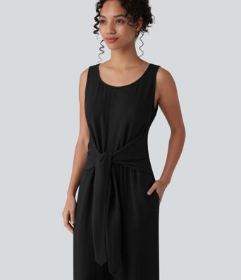 Scoop Neck Sleeveless Tie-front Casual Linen-Feel Jumpsuit with Pockets-Easy Peezy