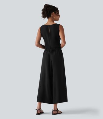 Scoop Neck Sleeveless Tie-front Casual Linen-Feel Jumpsuit with Pockets-Easy Peezy