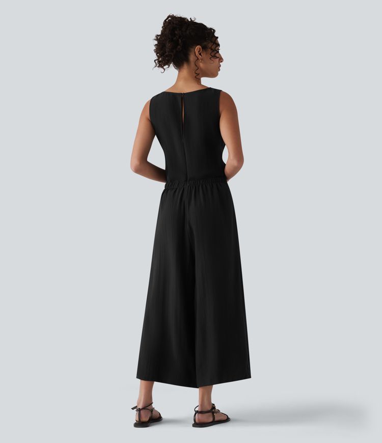 Scoop Neck Sleeveless Tie-front Casual Linen-Feel Jumpsuit with Pockets-Easy Peezy