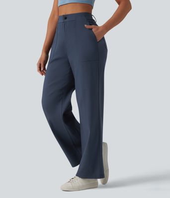 High Waisted Casual Straight Leg Pants with Pockets