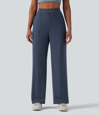 High Waisted Casual Straight Leg Pants with Pockets