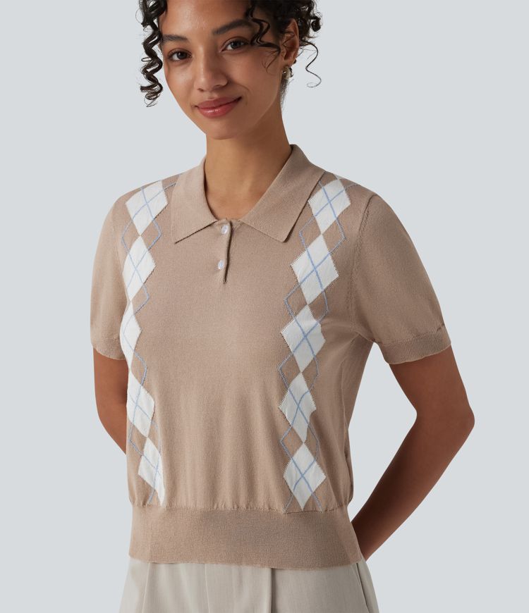 Polo Short Sleeve Geometric Plaid Casual Sweater