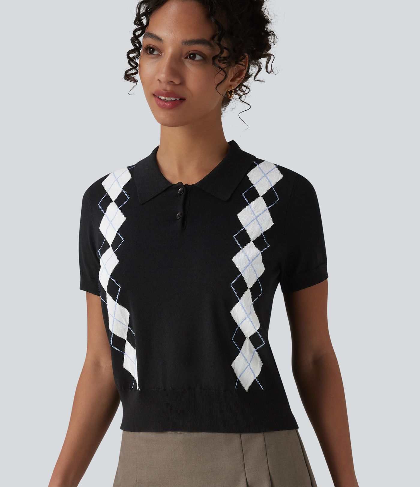 Polo Short Sleeve Geometric Plaid Casual Jumper