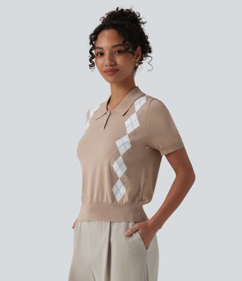 Polo Short Sleeve Geometric Plaid Casual Sweater