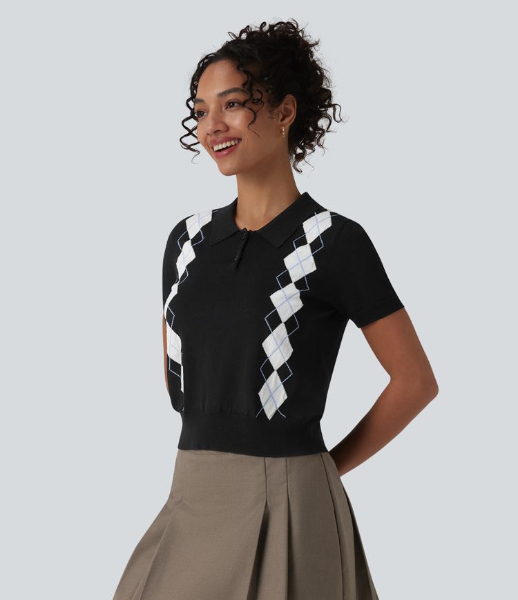 Polo Short Sleeve Geometric Plaid Casual Jumper