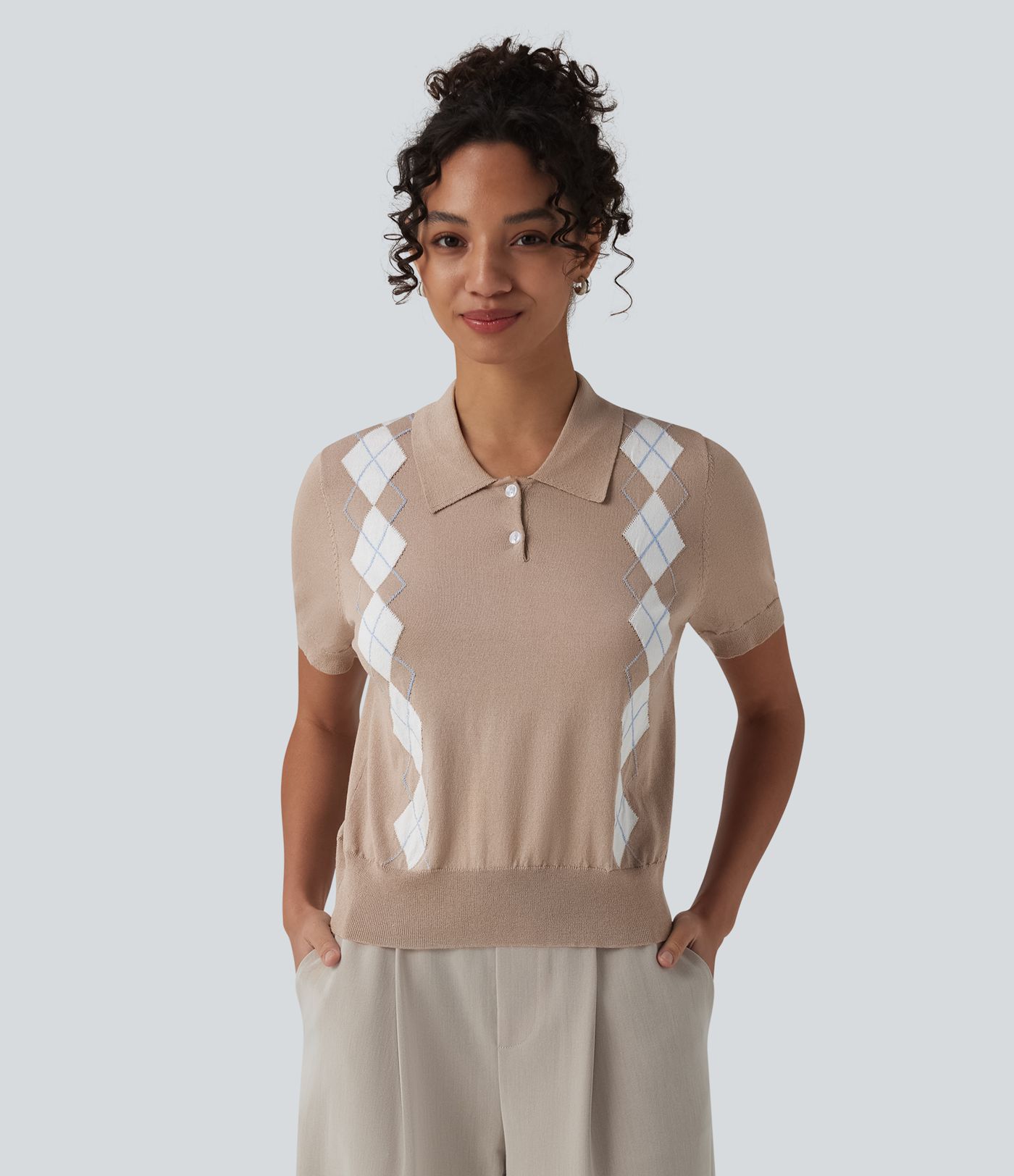 Polo Short Sleeve Geometric Plaid Casual Sweater