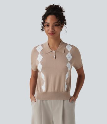 Polo Short Sleeve Geometric Plaid Casual Sweater