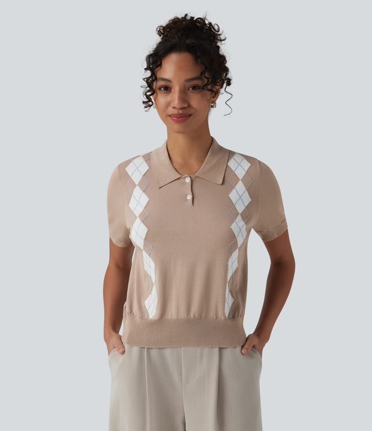 Polo Short Sleeve Geometric Plaid Casual Sweater