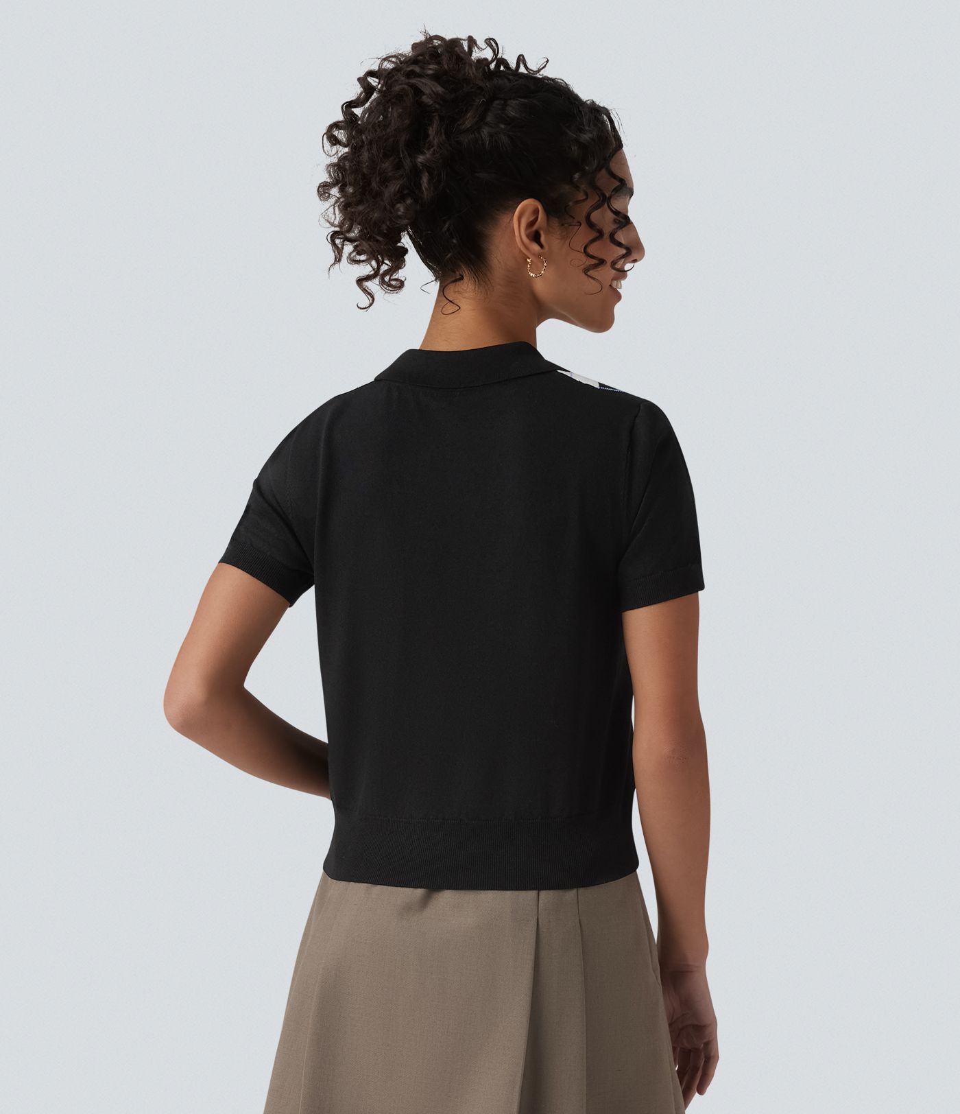 Polo Short Sleeve Geometric Plaid Casual Jumper