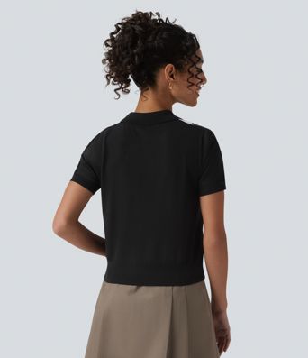 Polo Short Sleeve Geometric Plaid Casual Jumper