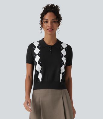 Polo Short Sleeve Geometric Plaid Casual Jumper