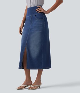 Halara Flex™ Jupe midi en denim taille haute ventre plat avec poches