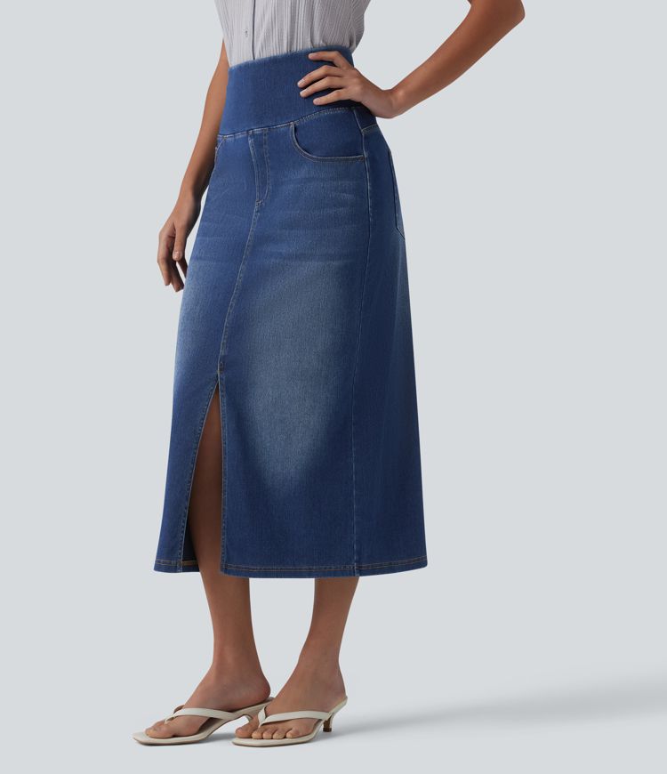 Halara Flex™ Jupe midi en denim taille haute ventre plat avec poches