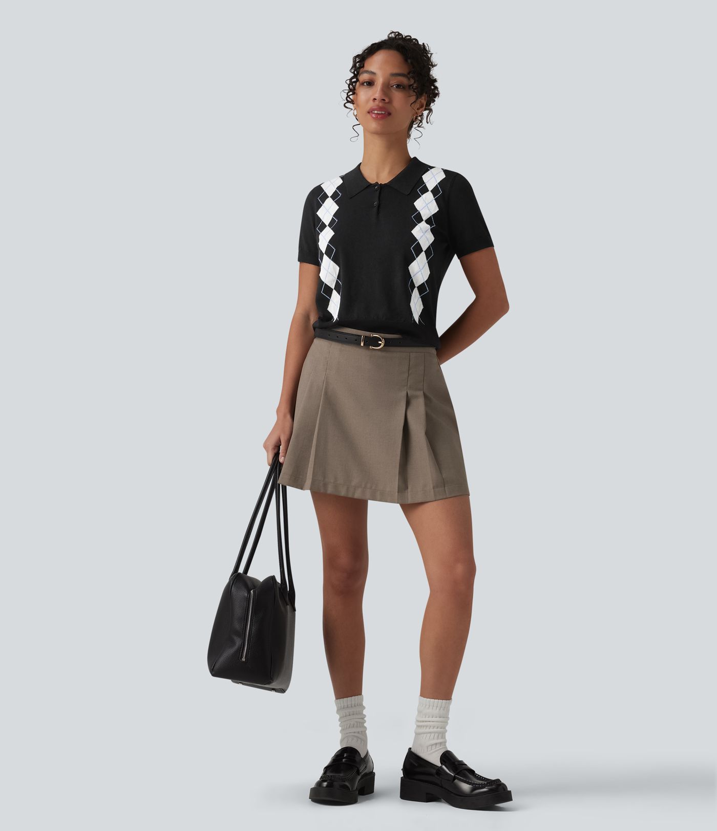 Polo Short Sleeve Geometric Plaid Casual Jumper