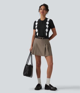 Polo Short Sleeve Geometric Plaid Casual Jumper