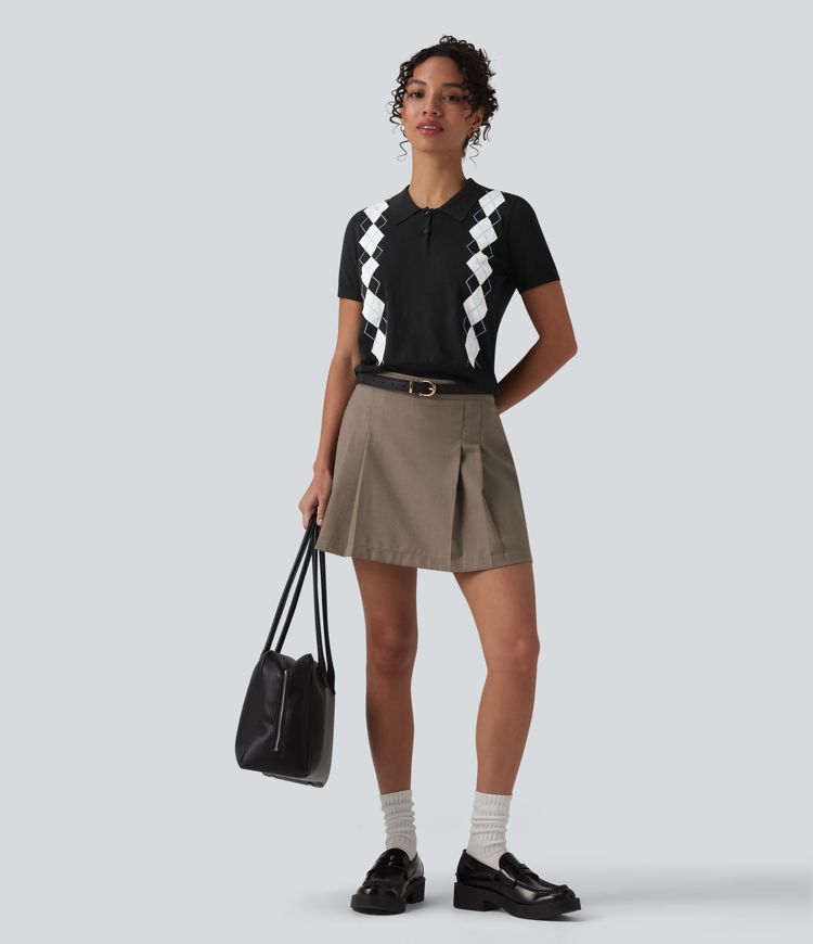 Polo Short Sleeve Geometric Plaid Casual Jumper