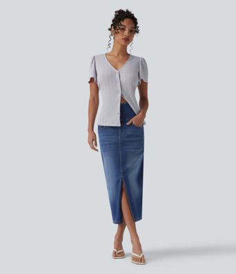 Halara Flex™ Jupe midi en denim taille haute ventre plat avec poches