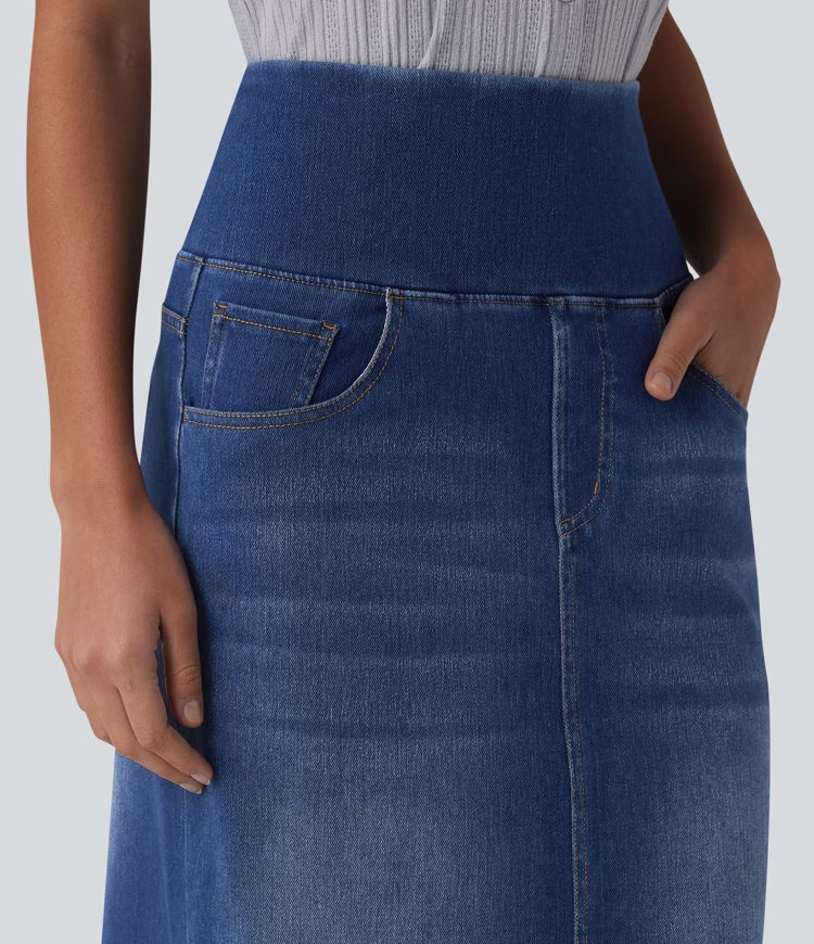 Halara Flex™ Jupe midi en denim taille haute ventre plat avec poches