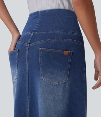 Halara Flex™ Jupe midi en denim taille haute ventre plat avec poches