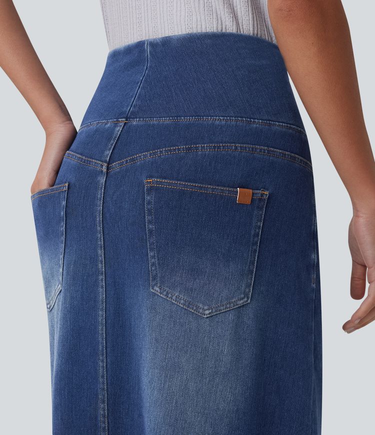 Halara Flex™ Jupe midi en denim taille haute ventre plat avec poches