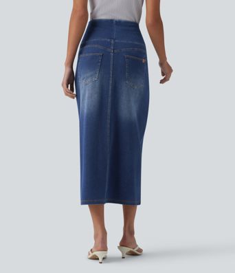 Halara Flex™ Jupe midi en denim taille haute ventre plat avec poches