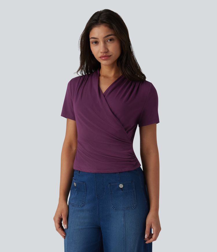 V Neck Short Sleeve Work Blouse