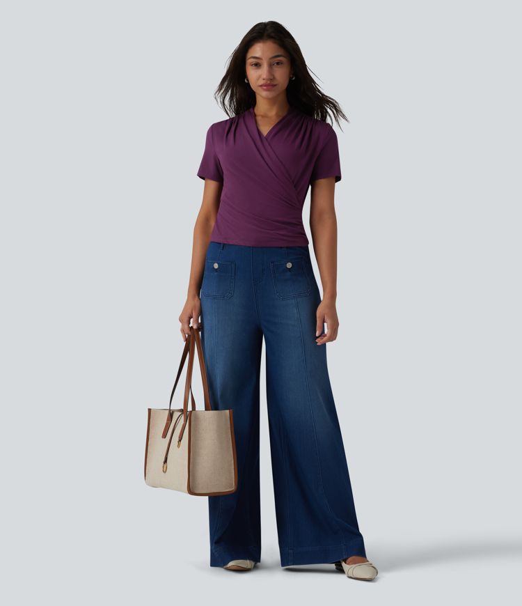 V Neck Short Sleeve Work Blouse