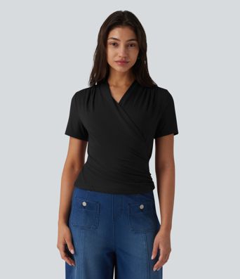V Neck Short Sleeve Work Blouse