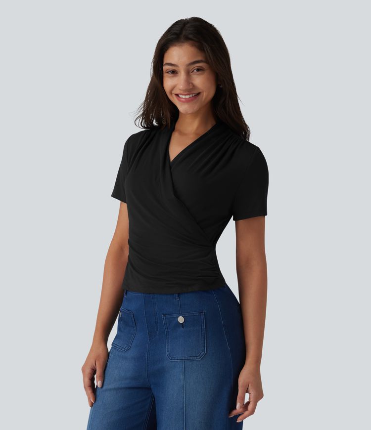 V Neck Short Sleeve Work Blouse