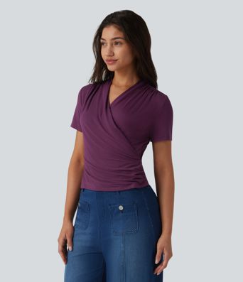 V Neck Short Sleeve Work Blouse