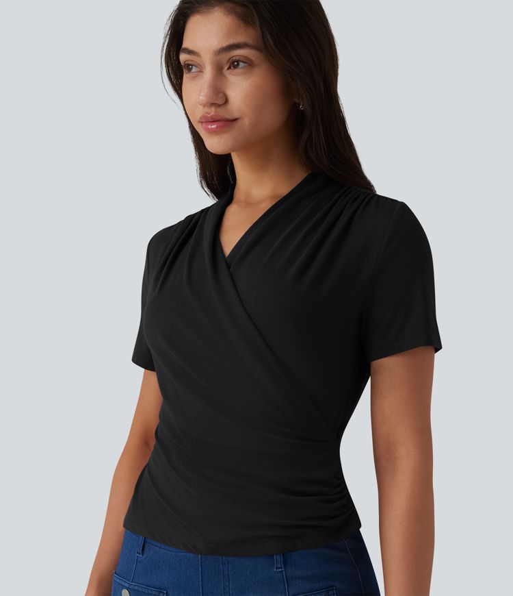 V Neck Short Sleeve Work Blouse