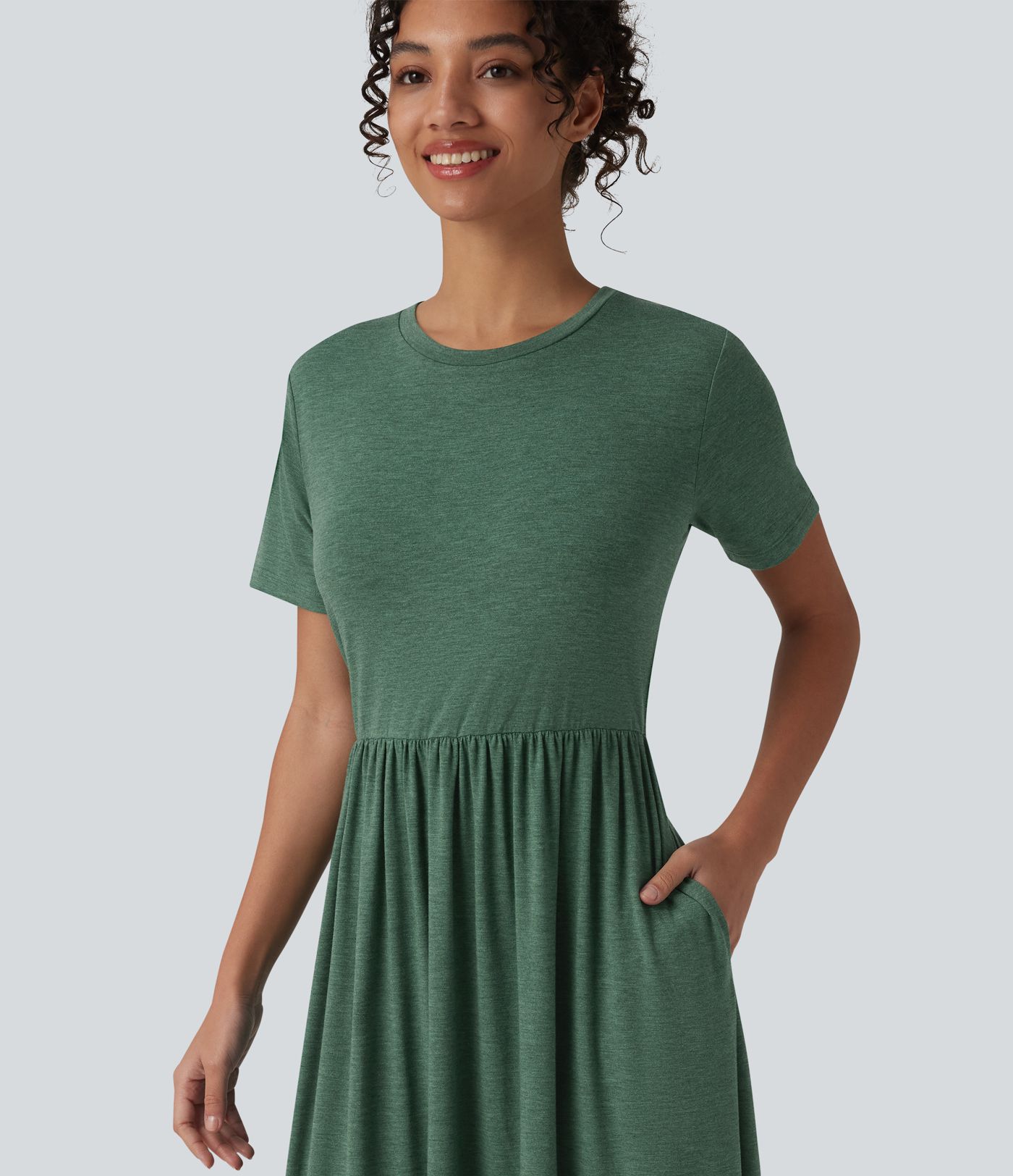 Round Neck Short Sleeve Heathered Midi Casual Dress with Pockets