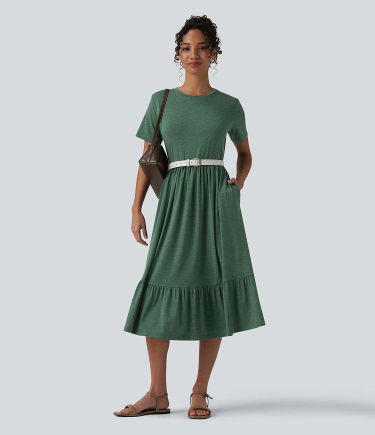 Round Neck Short Sleeve Heathered Midi Casual Dress with Pockets