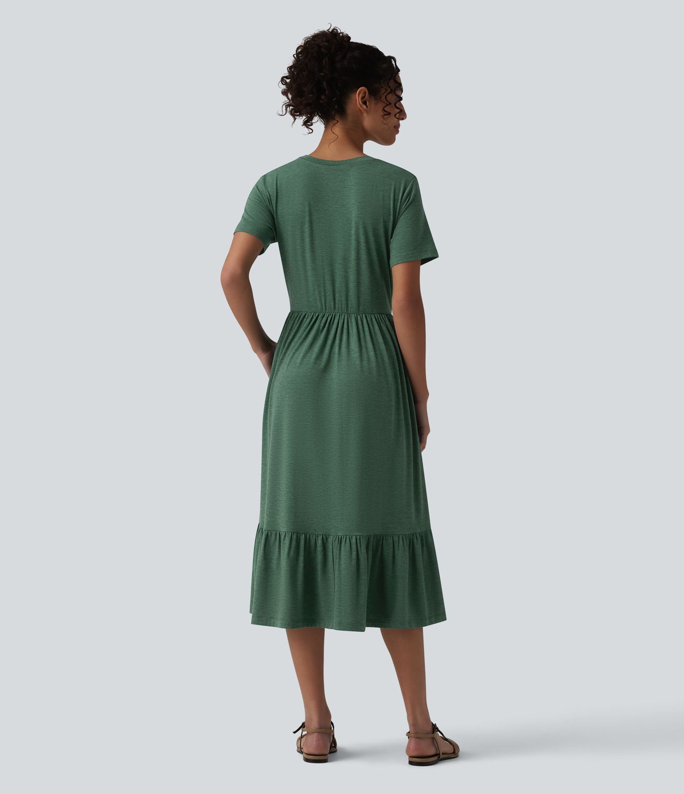 Round Neck Short Sleeve Heathered Midi Casual Dress with Pockets