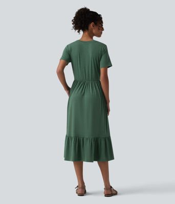 Round Neck Short Sleeve Heathered Midi Casual Dress with Pockets