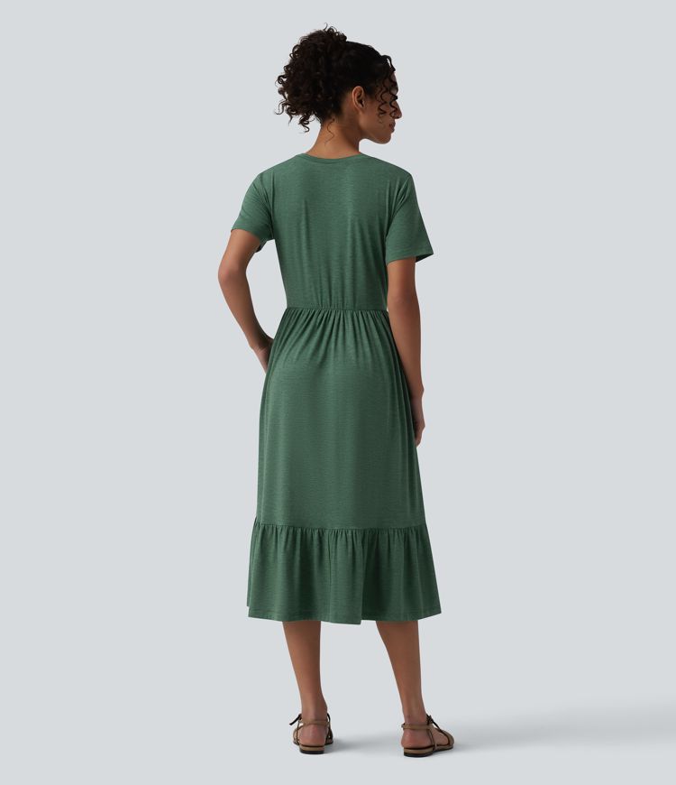 Round Neck Short Sleeve Heathered Midi Casual Dress with Pockets