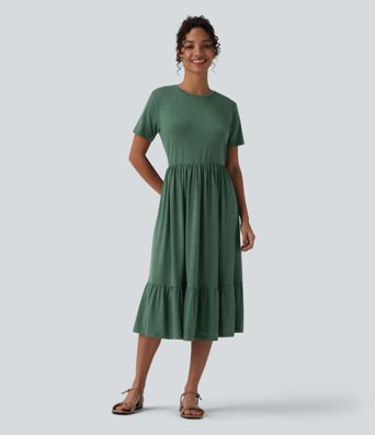 Round Neck Short Sleeve Heathered Midi Casual Dress with Pockets