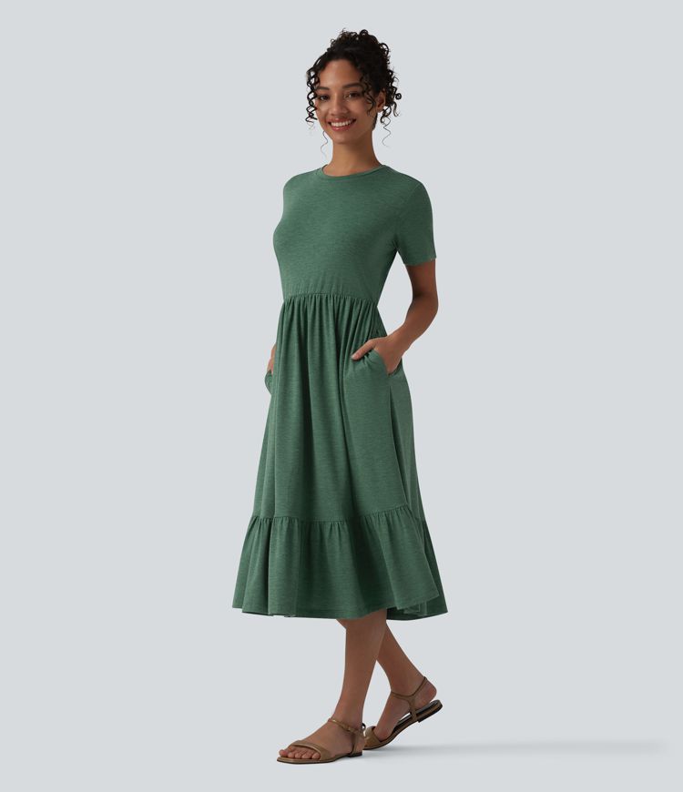Round Neck Short Sleeve Heathered Midi Casual Dress with Pockets