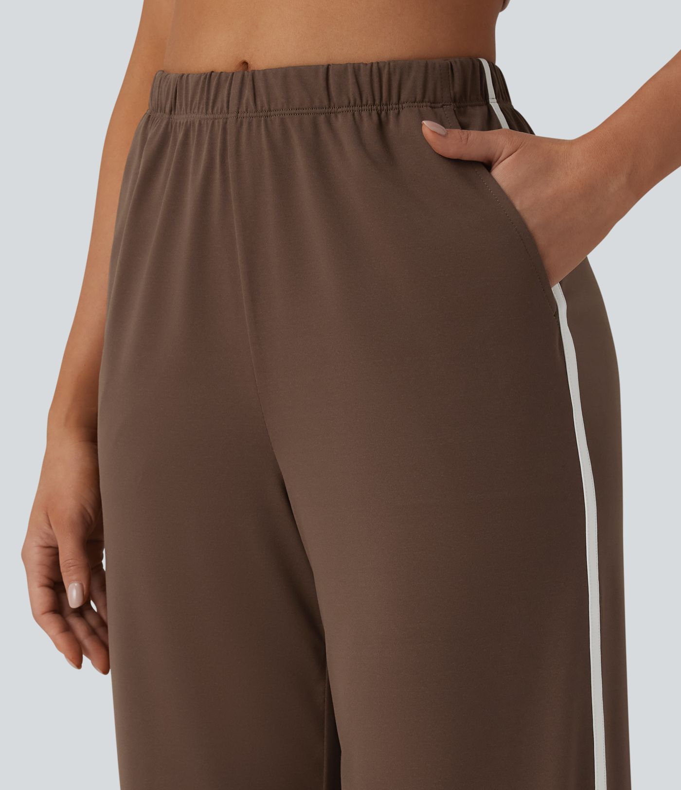 High Waisted Curved Hem Color Block Casual Baggy Pants with Pockets