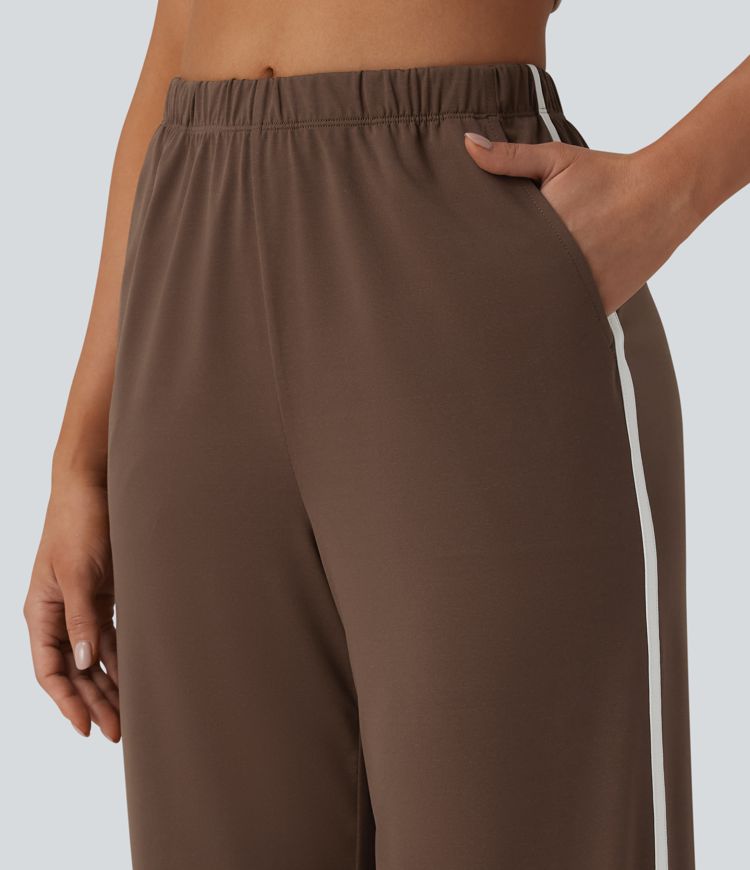 High Waisted Curved Hem Color Block Casual Baggy Pants with Pockets