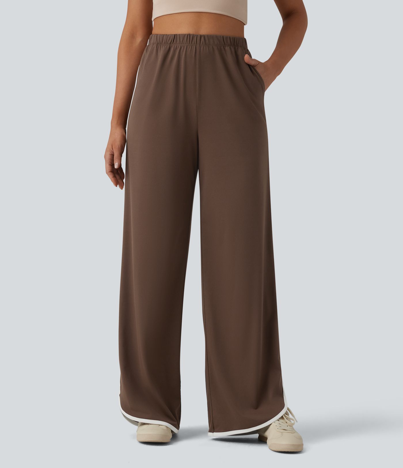 High Waisted Curved Hem Color Block Casual Baggy Pants with Pockets